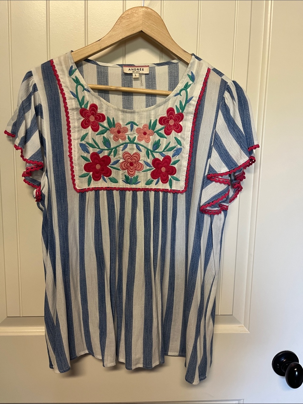 Andree Blue & White Striped Tunic with Pink Floral Embroidery